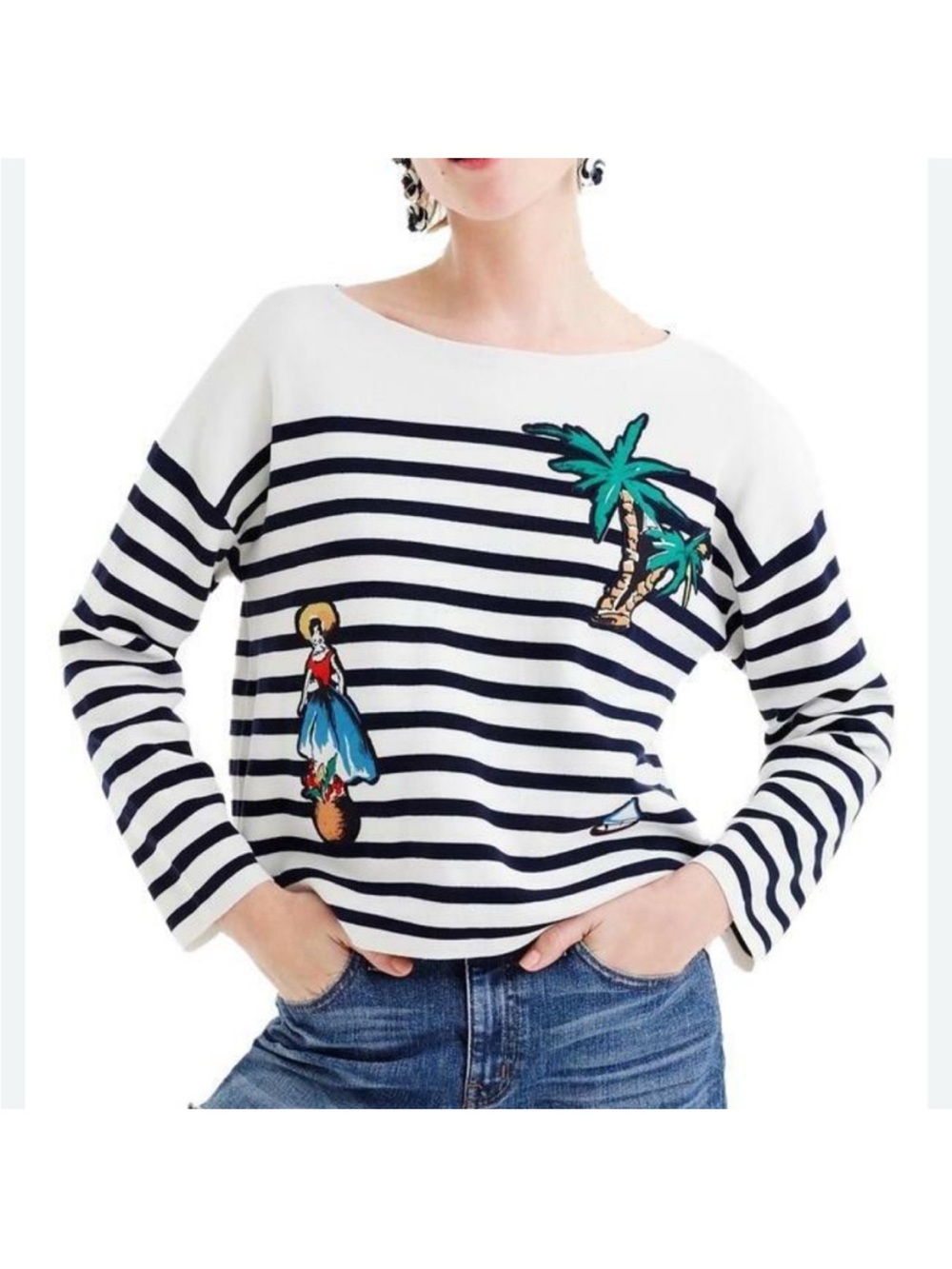 J. Crew White & Navy Striped Boatneck Top with Embroidered Palms